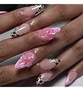Leopard Press on Nails Medium Almond Fake Nails with Floral Hibiscus Design - Pink French Tip Fal...