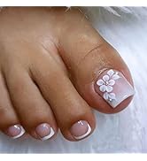 ASONRL French Tip Press On Toenails, 24 Pcs Short Square Toe Press On Nails with Flower Accents, ...