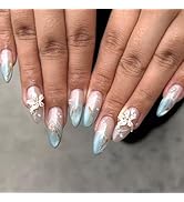 24Pcs Summer Press on Nails Medium Almond Fake Nails with Lily Fish Designs Glossy Glue on Nails ...