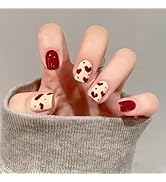 Heart Press on Nails Christmas Short Square Fake Nails With Design Red Glue on Reusable Glossy Va...