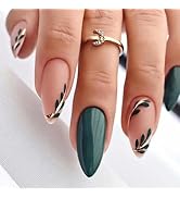 Almond Press on Nails Green Fake Nails Medium Almond False Nails Press ons with Designs Green Lea...