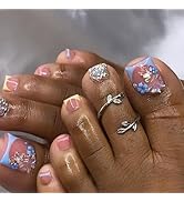 French Tip Toe Press on Nails Short Square Toe Nail Press ons with Flower Butterfly Nail Charms D...