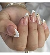 Almond Press on Nails White French Tip Fake Nails Gold Nails Press ons with Designs Acrylic False...