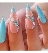 Flower Press on Nails Blue Almond Fake Nails Spring False Nails Press ons with Flower Charms Desi...