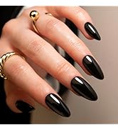 Black Press on Nails Upgrade Medium Almond Pure Color Acrylic Nails Set Reusable Fake Nails Almon...