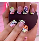 Halloween Press on Nails Short Gradient Fake Nails Pumpkin Glue on Nails Virus Spider Web Stick o...