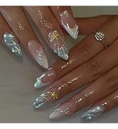 3D Press on Nails Almond Fake Nails with Star Pearl designs Summer False Nails Glossy Full Cover ...