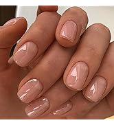 Short Press on Nails Solid Skin Tone Glossy Gel Square Acrylic Fake Nails Solid Skin Tone Color S...