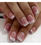 24 Pcs Acrylic Press on Nails, ASONRL Short Medium Square French White Edge Pink Fake Nails with ...