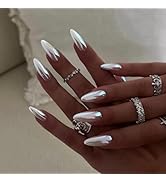 White Press on Nails Medium Almond Fake Nails Chorme False Nails Press ons with Designs Acrylic N...