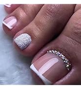 French Tip Toe Press on Nails Short Square Toe Nail Press ons with Designs Rhinestone Press on To...