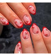 Red Press on Nails Short Fake Nails French Tip Press ones Stick on Nails with designs Cherry Fals...