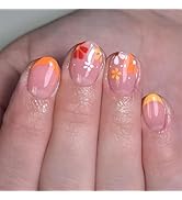 Flower Press on Nails Short Oval Fake Nails Orange False Nails Press ons with Floral Design - Reu...