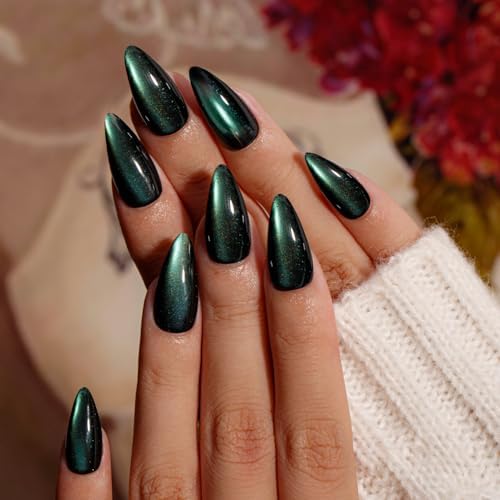 KQueenest Cat Eye Press On Nails Almond, 30 Pcs Glitter Black Emerald Green Press On Nails Medium, Dark Sparkly Fake Nails With Glue, Reusable Chrome Glue on Nails Press ons for Women Christmas