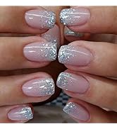 24 PCS Press on Nails, Short Medium Square Silver Gradient French Gel Nail Fake Nails, Glue On Na...