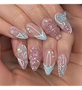 3D Press on Nails Almond Fake Nails Blue French Tip False Nails with Pearl Flower Butterfly desig...
