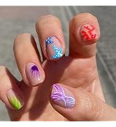 Beach Press on Nails Short Square Fake Nails Summer False Nails Press ons with Starfish Coral Mer...