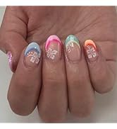 Pastel French Tip Press on Nails Short Oval Fake Nails with White Floral Design Spring Summer Fal...