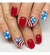 Independence Day Press on Nails Short Square Fake Nails with Star Designs Blue Red Curve Glue on ...