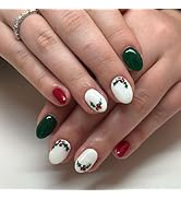 Christmas Press on Nails Short Almond Fake Nails Green Leaf Holly Glue on Nails Red False Nails W...