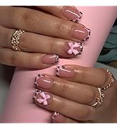 Leopard French Tip Press on Nails Short Square Fake Nails Pink False Nails Press ons with Bow Nai...