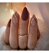 24 Pcs Short Almond Press on Nails, ASONRL Solid Burgundy Medium Fake Nails with Gold Glitter Str...