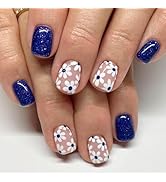 Blue Press on Nails Short Square Fake Nails Flower False Nails Spring Summer Press ons with Flora...