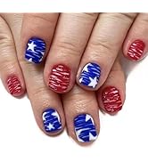 4th of July Press on Nails Glitter Short Square Fake Nails with Designs White Blue Red Star Glue ...