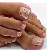 ASONRL Short Square Press On Toenails, Solid Nude Fake Toe Nails with Nail Glue, Champagne Gold T...