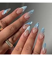 Blue French Tip Press on Nails Medium Almond Fake Nails Mermaid False Nails Press ons with Design...