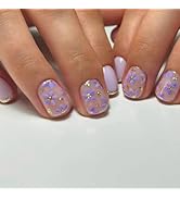 Purple Press on Nails Flower Fake Nails with Gold Accent Short Square False Nails Press ons with ...