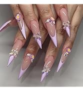 Long Stiletto Press on Nails Purple Fake Nails with 3D Bow Flower Nail Charms French Tip False Na...