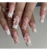 ASNORL 24 Pcs Acrylic Press on Nails - Long Square Pink Bow French Tip False Nails Art with Flowe...