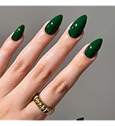Dark Green Press on Nails Short Almond Fake Nails Short Nails Press ons with Designs Acrylic Fals...