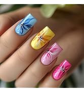Flower Press on Nails Medium Length Fake Nails Full Cover Square Stick on Nails with designs Colo...