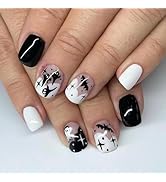 Halloween Press On Nails - Short Square False Nails, Black & White, Glossy Star Acrylic, Ghost & ...
