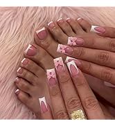 48Pcs White French Tip Press on Nails with Bow Charms & Press on Toenails Set Square Nail Press o...