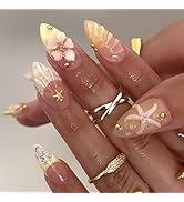 30Pcs Summer Press on Nails Almond Medium Fake Nails with 3D Flower Starfish Design Gold Bead Han...