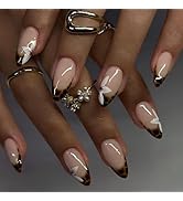 Medium Almond Press on Nails Brown Tortoise Fake Nails with White Floral Design,Spring Summer Nai...