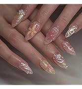 3D Flower Press on Nails Medium Almond Fake Nails Cute Nails Press ons with Pearl Design Spring F...