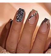 AZPEPSI Silver Press on Nails Short Square Fake Nails Black False Nails Nude Gold Strip Stick on ...