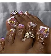 French Tip Press on Toenails 3D Butterfly Fake Toenails Short Square Press on Toe Nails Rhineston...