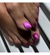 KQueenest Cat Eye Hot Pink Toe Press on Nails Short Square, Glitter Neon Pink Fake Toe Nails Pres...