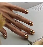 Gold Press on Nails Medium Square Fake Nails Metallic Chrome False Nails Golden Acrylic Nails Pre...