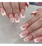 Pink French Tip Press on Nails Coffin - Medium Fake Nails with Heart Design - Glossy Full Cover S...