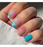 Short Square Press on Nails Summer Fake Nails Blue False Nails Press ons with Beach Vibes Sea Sta...