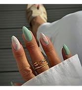 Almond Press on Nails Short Almond Fake Nails Green False Nails Press ons with Silver Glitter Swi...