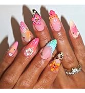 3D Press on Nails Medium Almond Fake Nails with Zebra Cheetah Print Design French Tip Nails Summe...