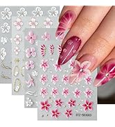 4Sheets Flower Nail Art Stickers Decals 5D Embossed Flowers Sticker Pink White Floral Gold Circle...