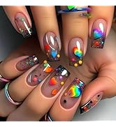 Summer Press on Nails Medium Fake Nails Square False Nails with Colorful Pattern Designs Reusable...